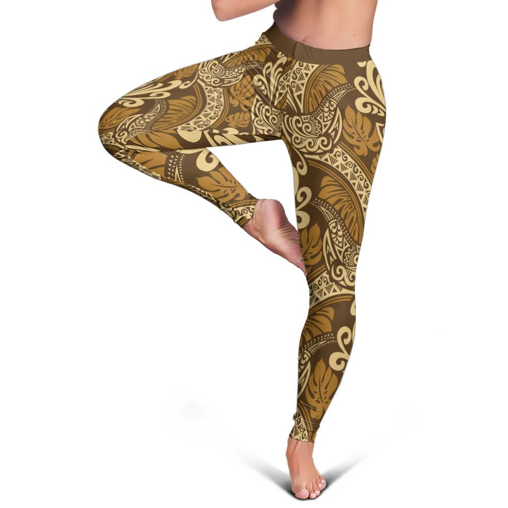 Brown Gold Monstera Leggings Polynesian Tribal Pattern LT01 - Polynesian Pride