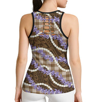 Brown Hawaii Palaka Honohono Pikake Hollow Tank Top Hawaiian Orchid Lei Polynesian Pattern - Polynesian Pride