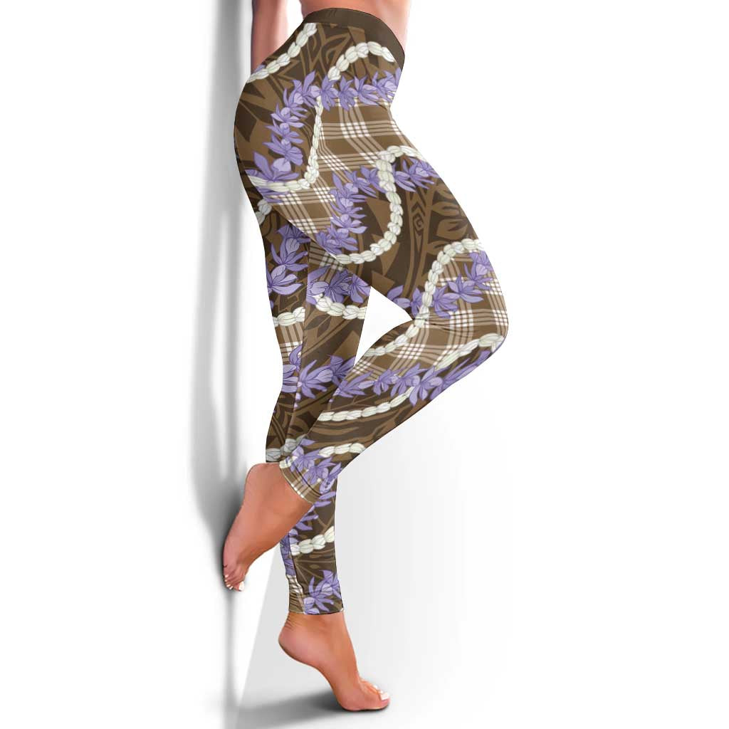 Brown Hawaii Palaka Honohono Pikake Leggings Hawaiian Orchid Lei Polynesian Pattern - Polynesian Pride