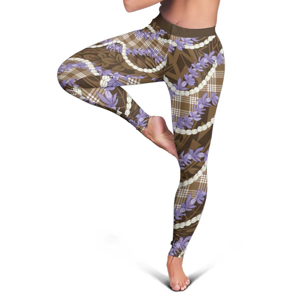 Brown Hawaii Palaka Honohono Pikake Leggings Hawaiian Orchid Lei Polynesian Pattern - Polynesian Pride