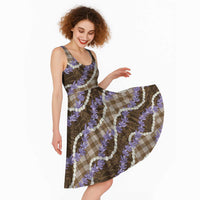 Brown Hawaii Palaka Honohono Pikake Midi Dress Hawaiian Orchid Lei Polynesian Pattern - Polynesian Pride