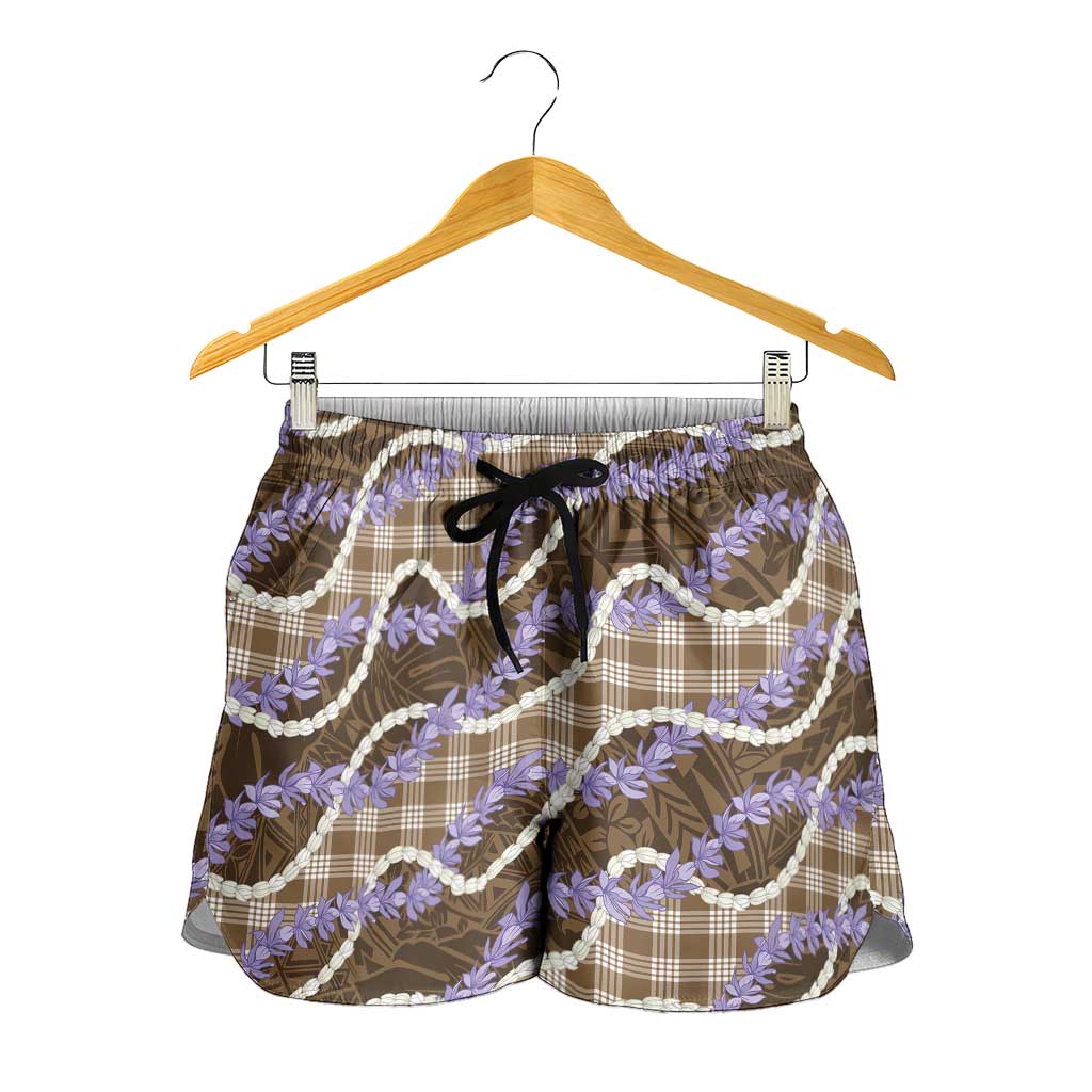 Brown Hawaii Palaka Honohono Pikake Shorts for Women Hawaiian Orchid Lei Polynesian Pattern - Polynesian Pride