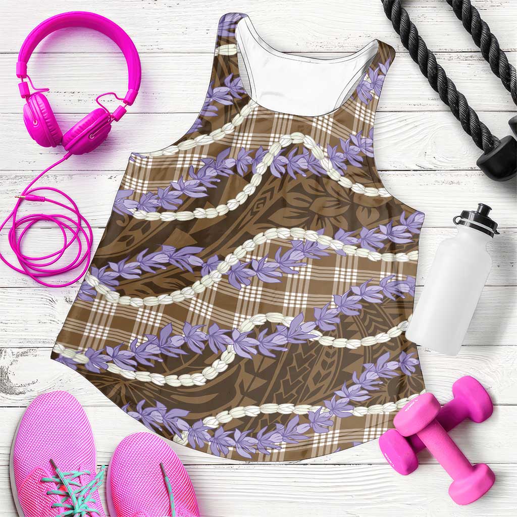 Brown Hawaii Palaka Honohono Pikake Women Racerback Tank Hawaiian Orchid Lei Polynesian Pattern - Polynesian Pride