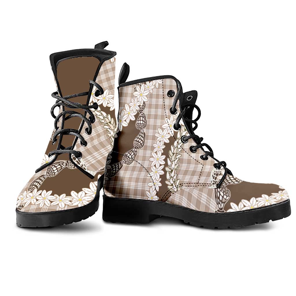 Brown Hawaii Tiare and Shell Lei Leather Boots Hawaiian Palaka Luxury Vibes LT14 - Polynesian Pride