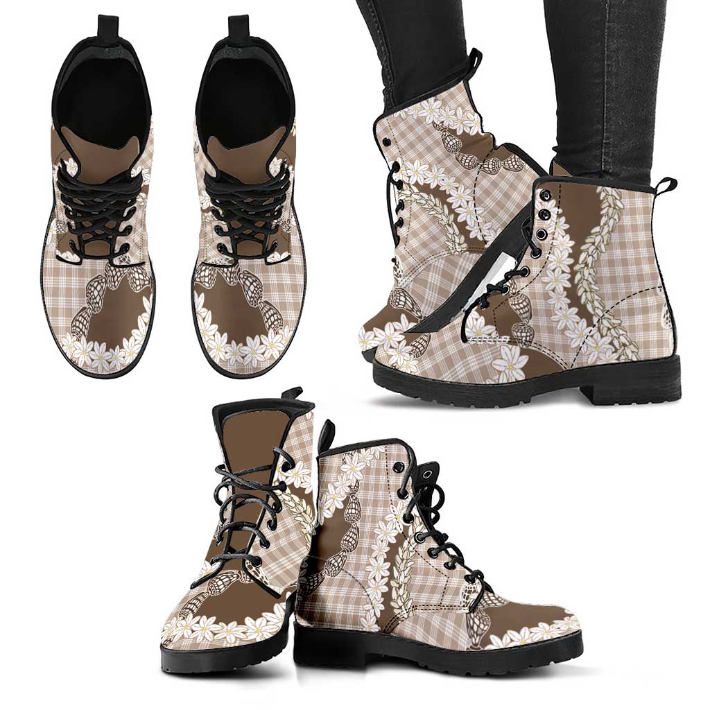 Brown Hawaii Tiare and Shell Lei Leather Boots Hawaiian Palaka Luxury Vibes LT14 - Polynesian Pride