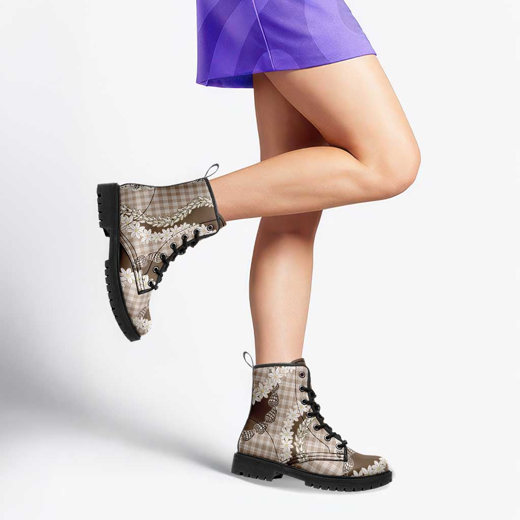Brown Hawaii Tiare and Shell Lei Leather Boots Hawaiian Palaka Luxury Vibes LT14 - Polynesian Pride