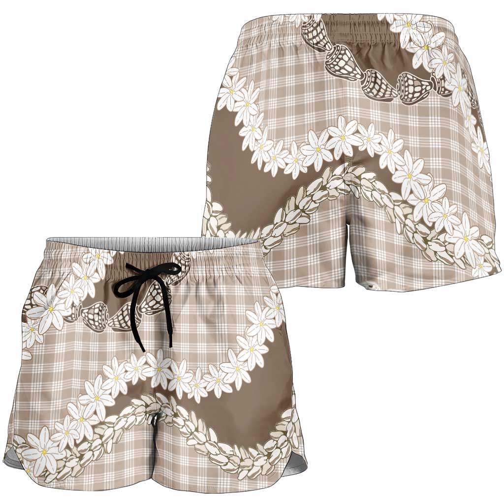 Brown Hawaii Tiare and Shell Lei Shorts for Women Hawaiian Palaka Luxury Vibes LT14 - Polynesian Pride