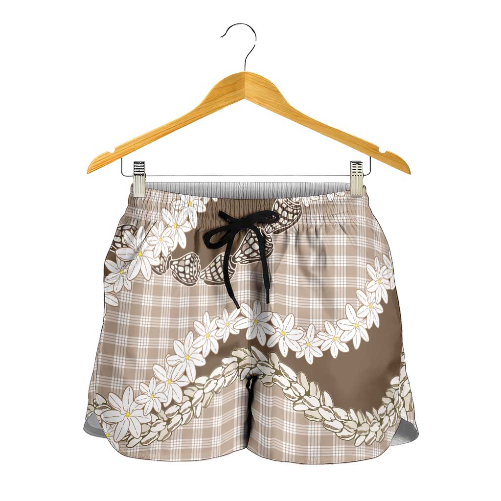 Brown Hawaii Tiare and Shell Lei Shorts for Women Hawaiian Palaka Luxury Vibes LT14 - Polynesian Pride