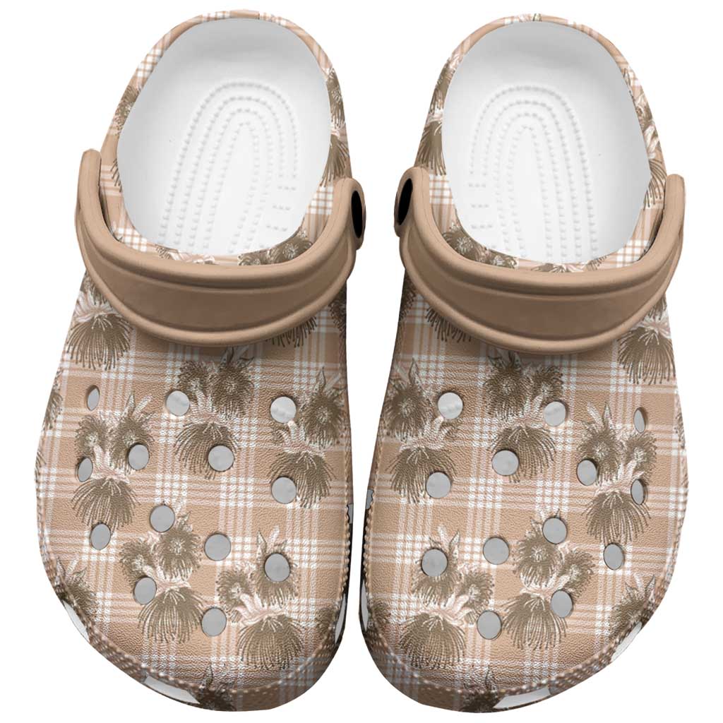 Brown Palaka Hawaii Clogs Shoes Hawaiian Lehua Blossoms