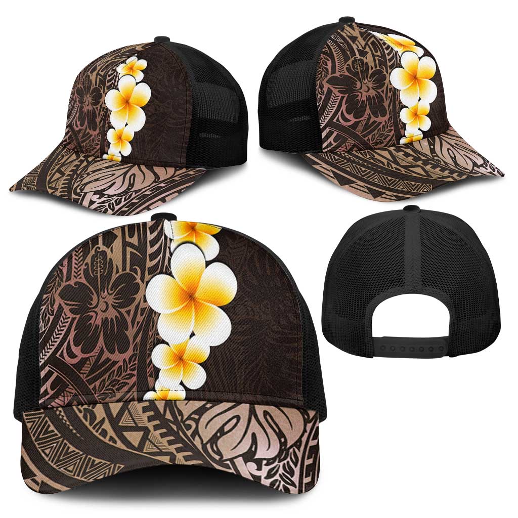 Brown Polynesia Baseball Net Cap Plumeria Tropical Leaves With Galaxy Polynesian Art - Polynesian Pride