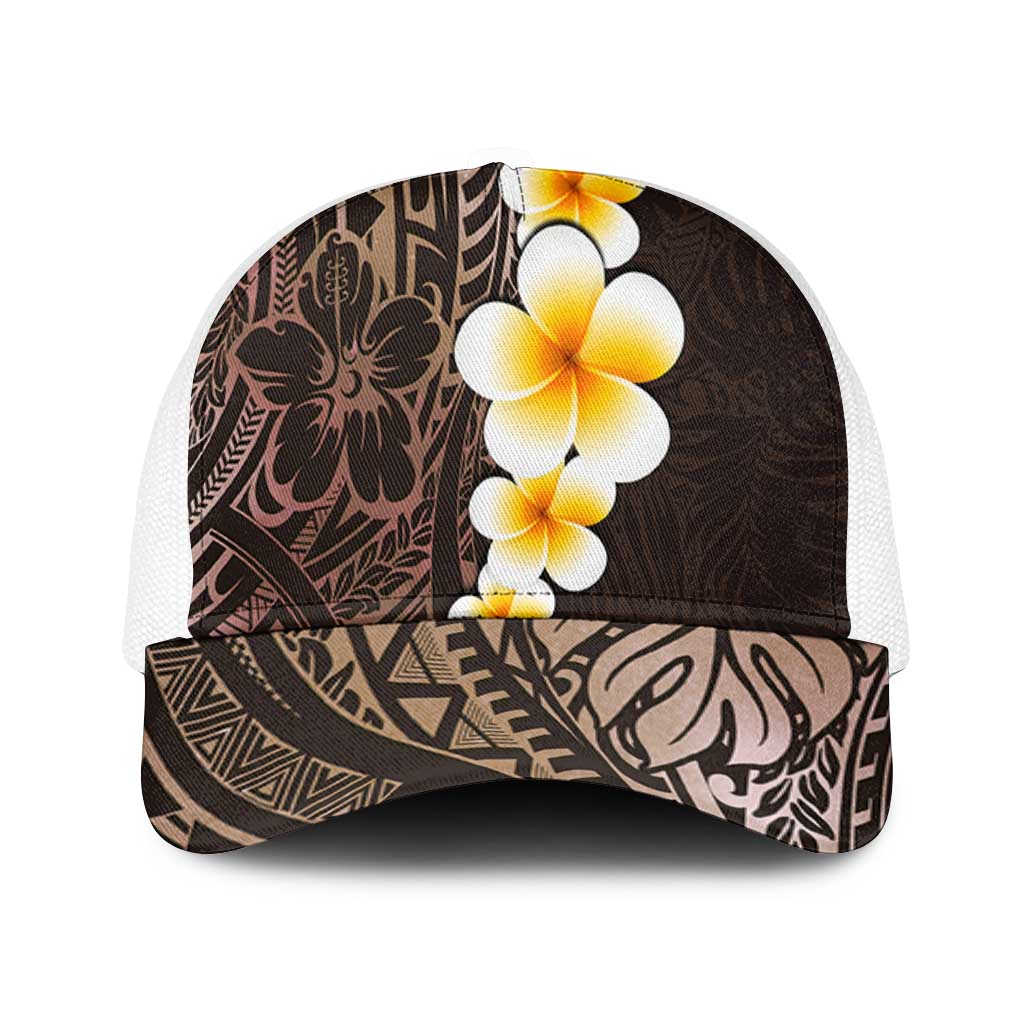 Brown Polynesia Mesh Trucker Cap Plumeria Tropical Leaves With Galaxy Polynesian Art - Polynesian Pride