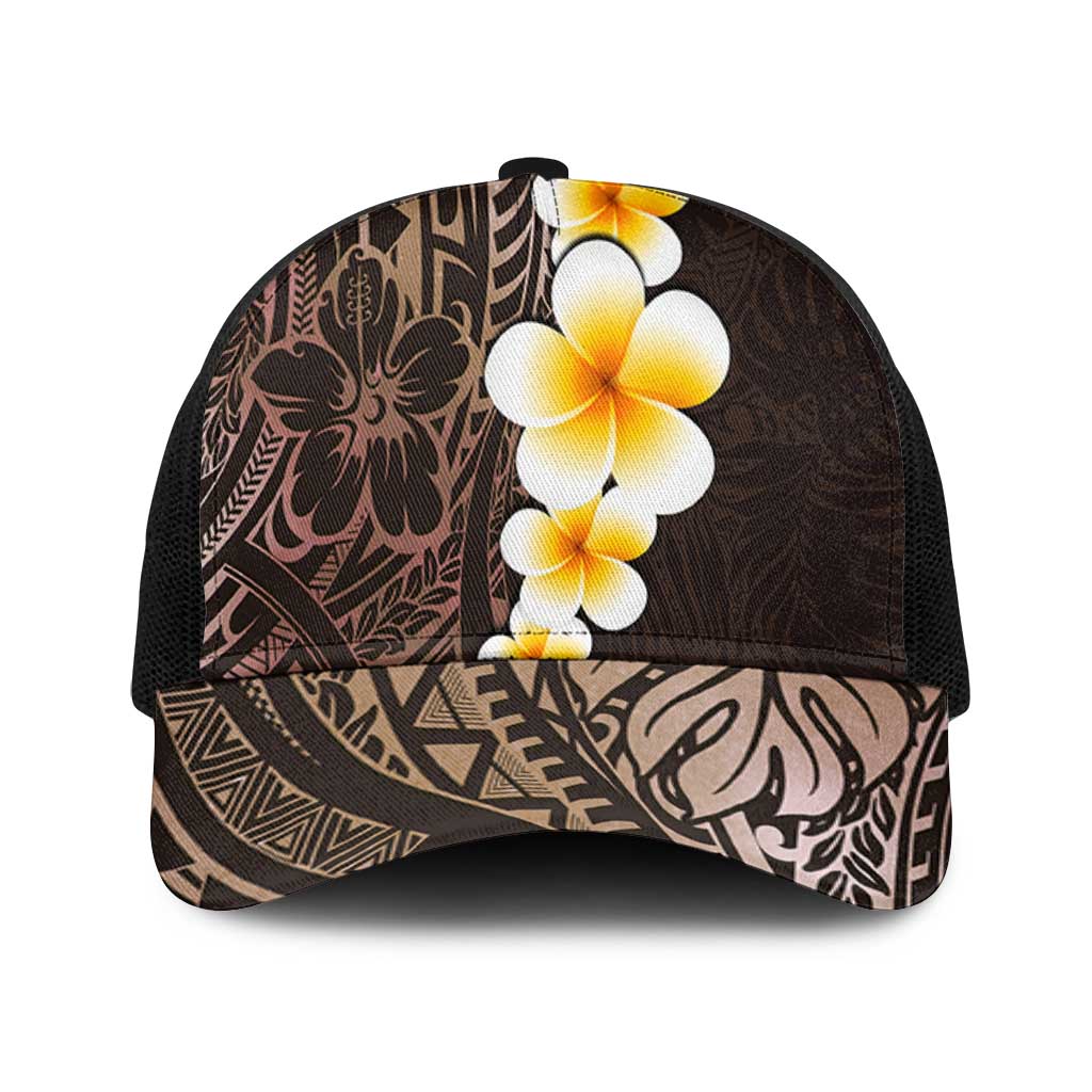 Brown Polynesia Mesh Trucker Cap Plumeria Tropical Leaves With Galaxy Polynesian Art - Polynesian Pride