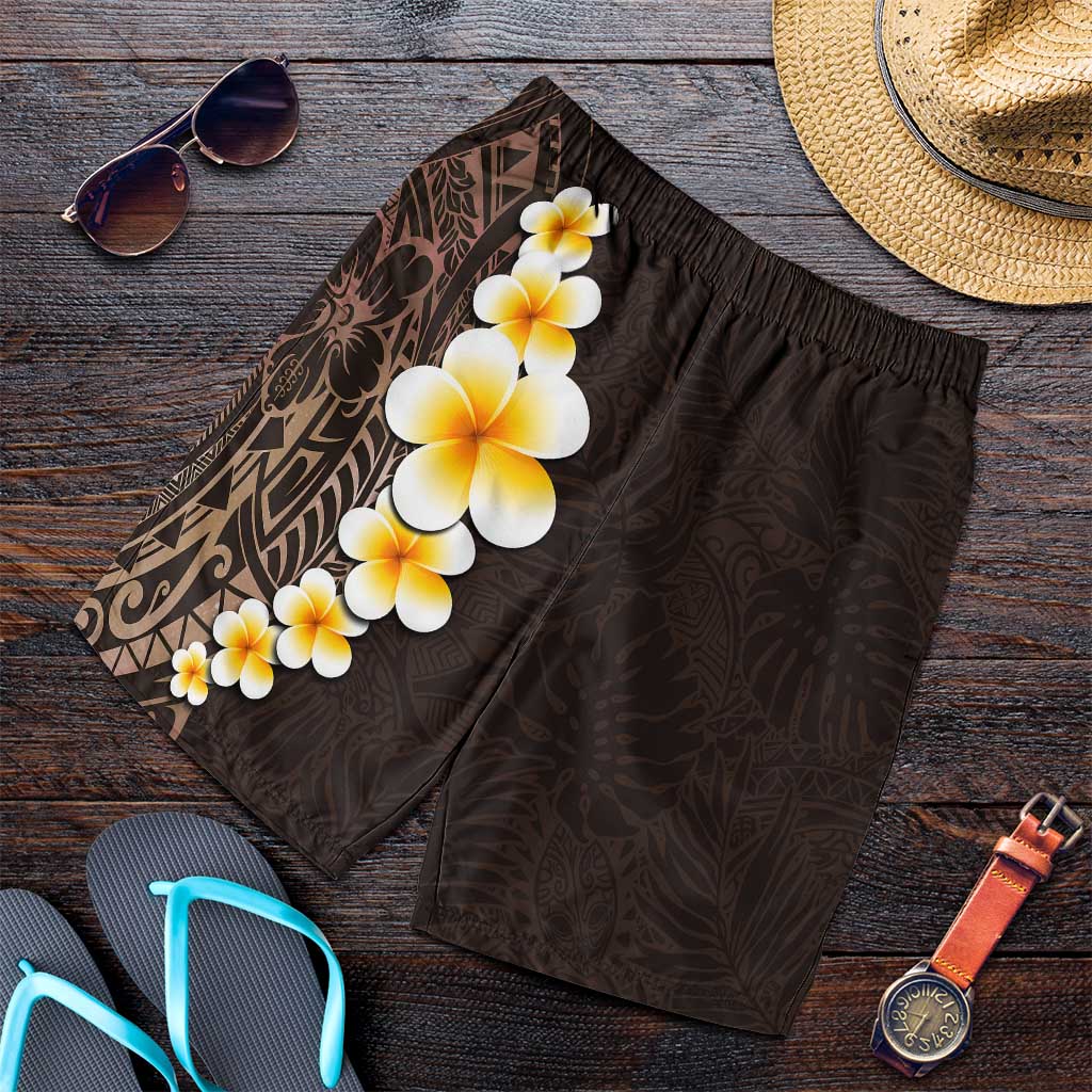 Brown Polynesia Shorts for Men Plumeria Tropical Leaves With Galaxy Polynesian Art - Polynesian Pride