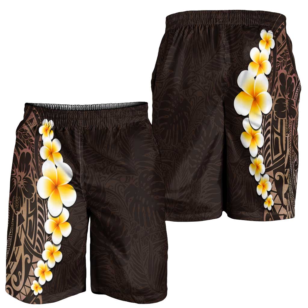 Brown Polynesia Shorts for Men Plumeria Tropical Leaves With Galaxy Polynesian Art - Polynesian Pride