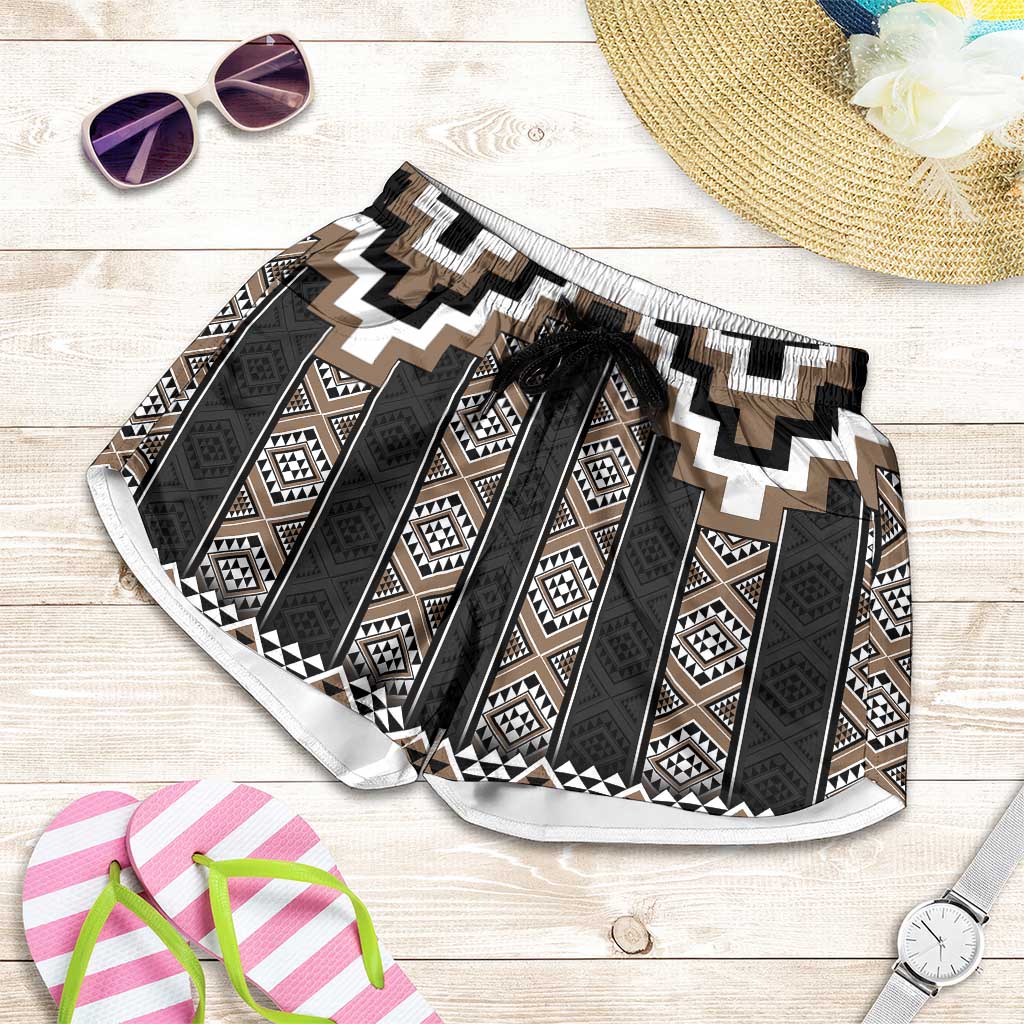 Brown Taniko Aotearoa Shorts for Women Niho Taniwha Mix Poutama