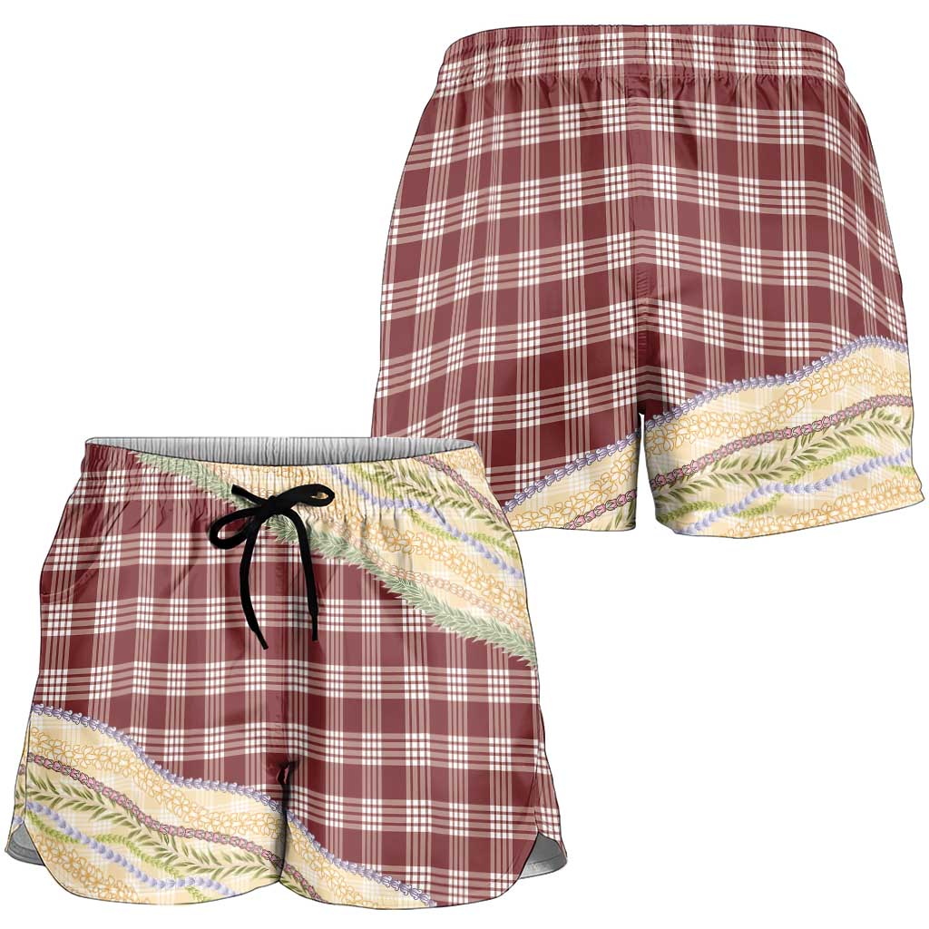 Burgundy Palaka Hawaii Leis Elegant Vibes Shorts for Women LT14 - Polynesian Pride