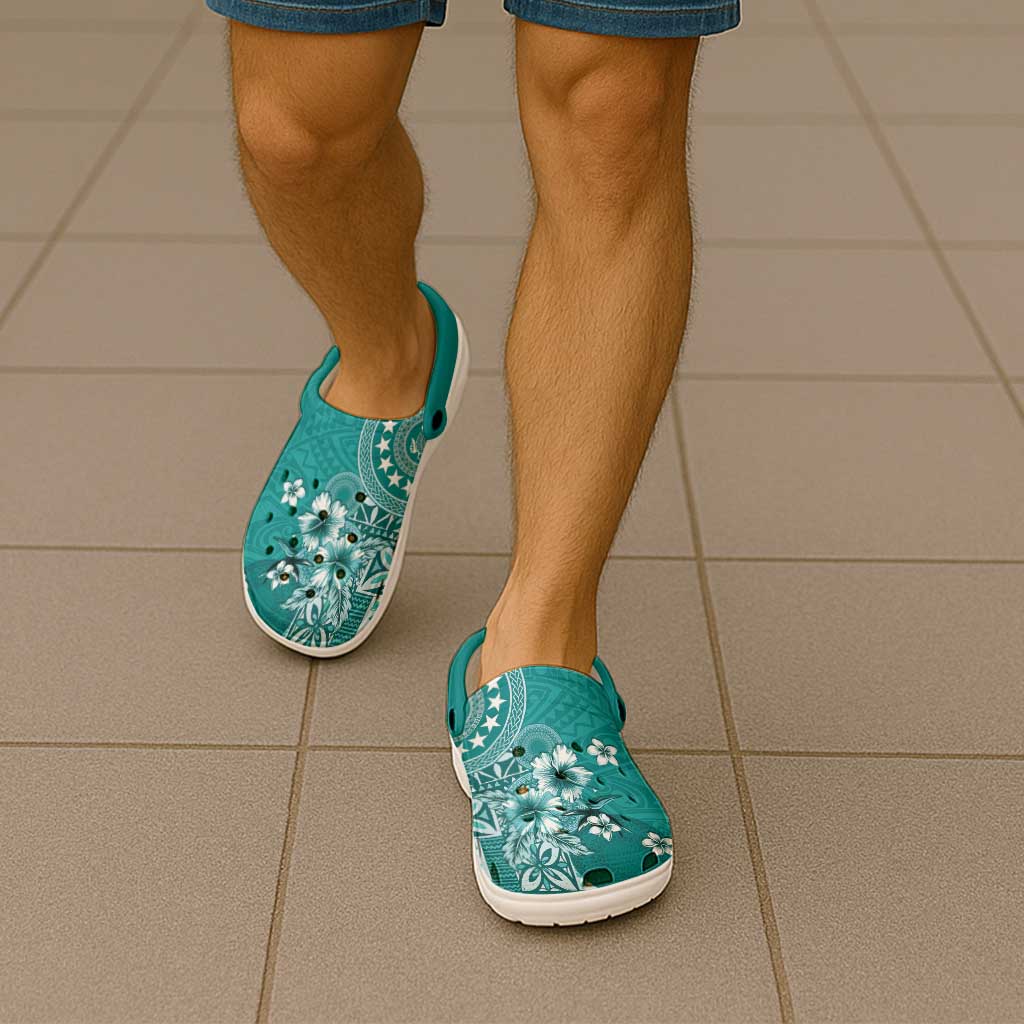 Cook Islands Clogs Shoes Teal Hibiscus And Stars
