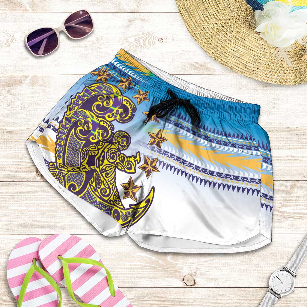 Cook Islands Va'a Race Shorts for Women Te Tatau Tattoos Sporty Style Glory Blue Color - Polynesian Pride