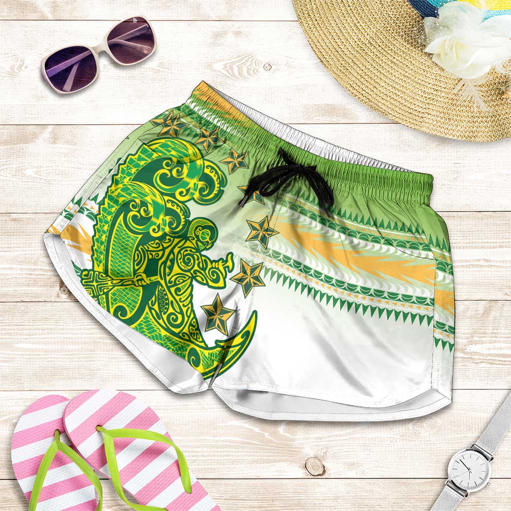 Cook Islands Va'a Race Shorts for Women Te Tatau Tattoos Sporty Style Green-White Color - Polynesian Pride