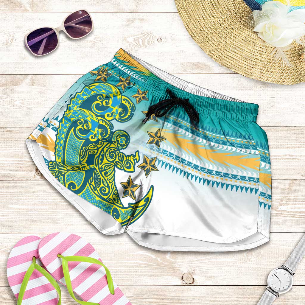 Cook Islands Va'a Race Shorts for Women Te Tatau Tattoos Sporty Style Turquoise Color - Polynesian Pride