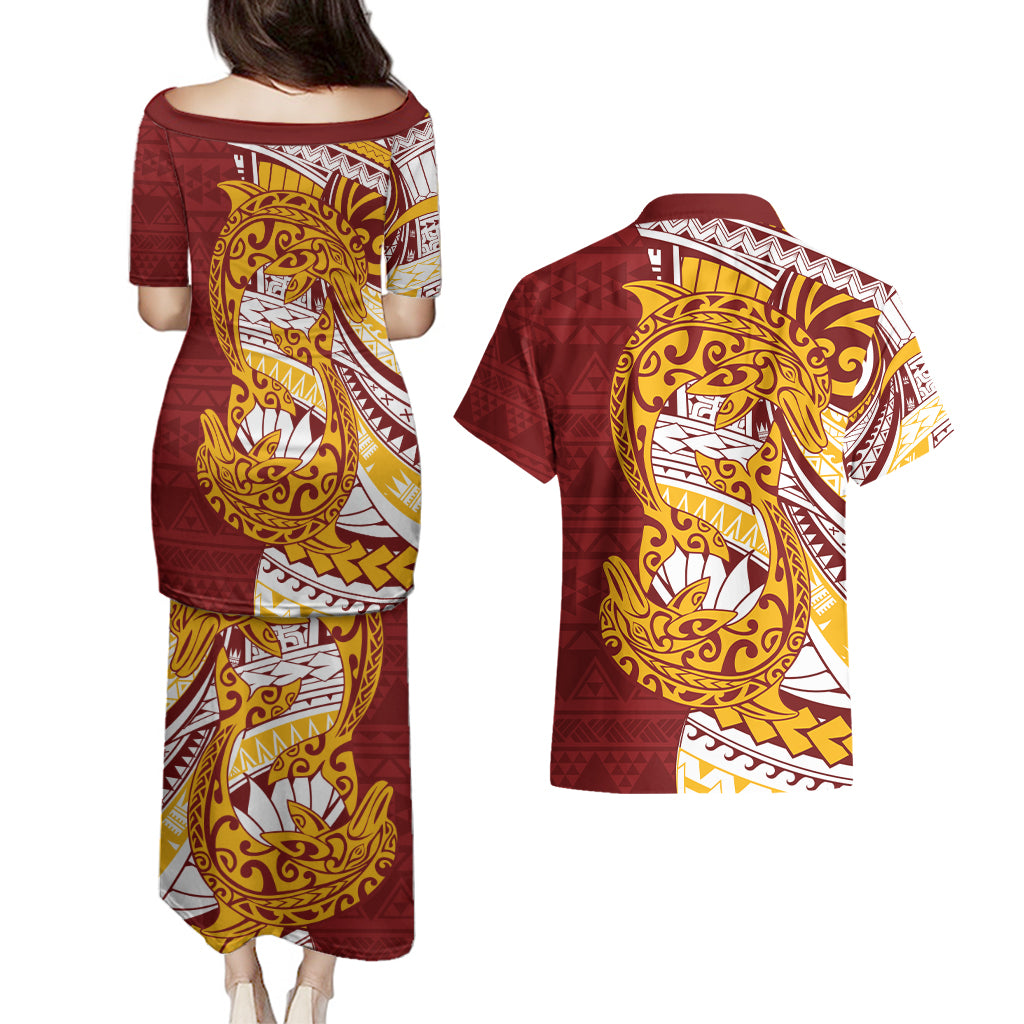 Couple Dolphins Burgundy White Gold Maori Motif Couples Matching Puletasi and Hawaiian Shirt LT9