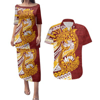 Couple Dolphins Burgundy White Gold Maori Motif Couples Matching Puletasi and Hawaiian Shirt LT9