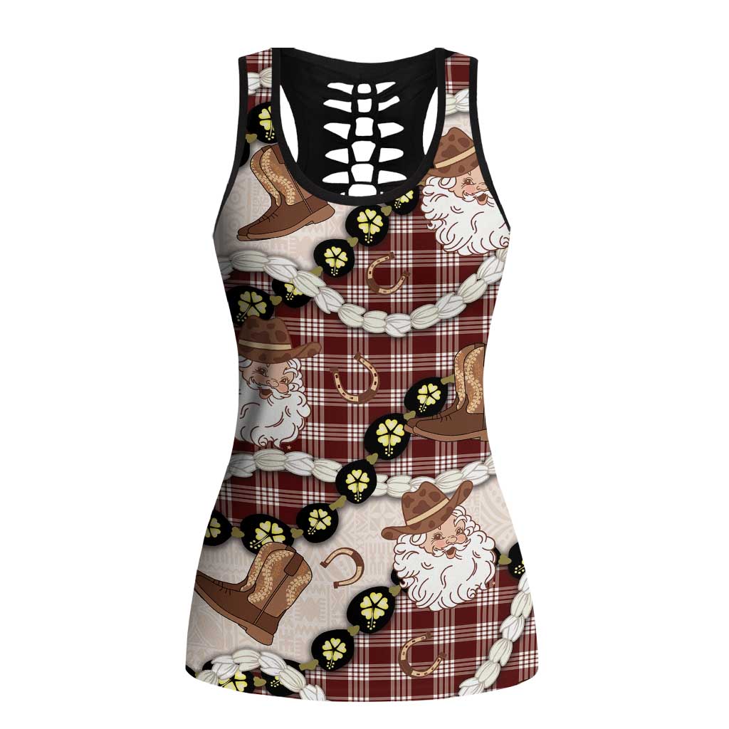 Cowboy Hawaii Mele Kalikimaka Hollow Tank Top Paniolo Kukui Nut Pikake Lei Burgundy Version - Polynesian Pride