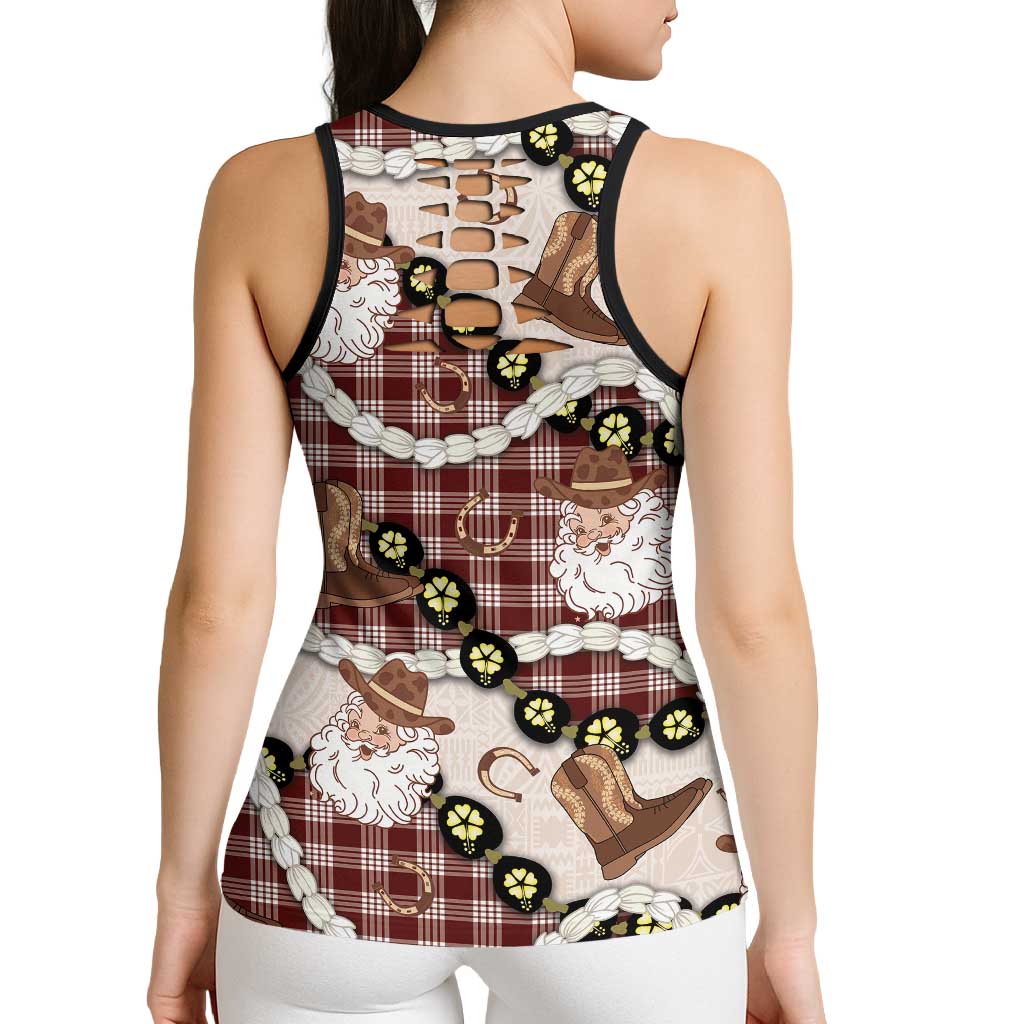 Cowboy Hawaii Mele Kalikimaka Hollow Tank Top Paniolo Kukui Nut Pikake Lei Burgundy Version - Polynesian Pride