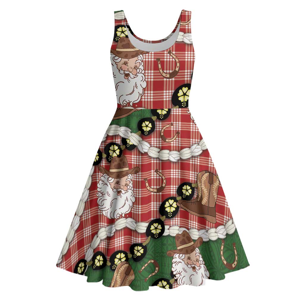 Cowboy Hawaii Mele Kalikimaka Midi Dress Paniolo Kukui Nut Pikake Lei Red Version - Polynesian Pride