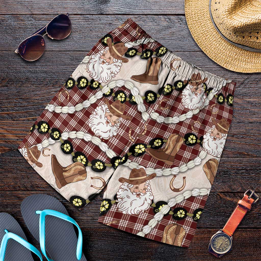 Cowboy Hawaii Mele Kalikimaka Shorts for Men Paniolo Kukui Nut Pikake Lei Burgundy Version - Polynesian Pride