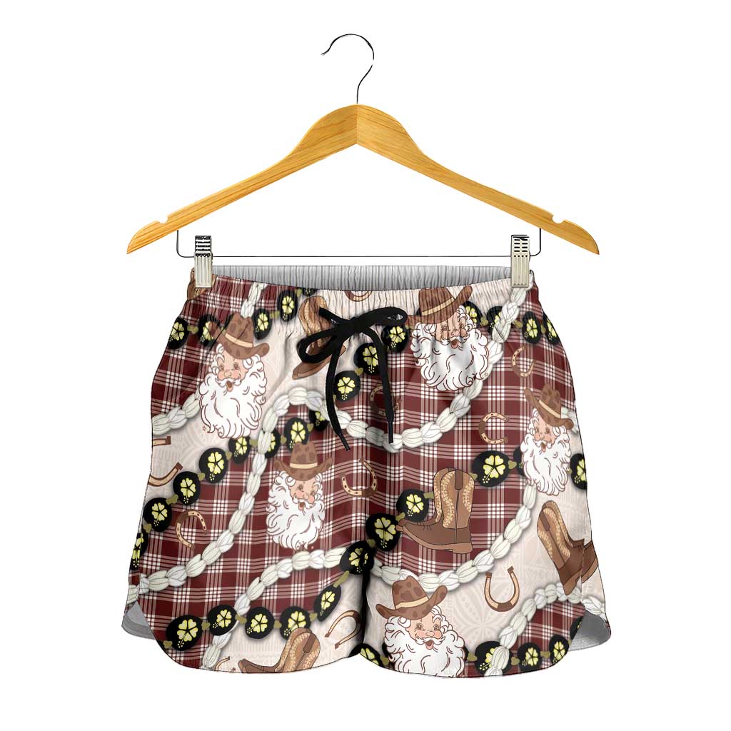 Cowboy Hawaii Mele Kalikimaka Shorts for Women Paniolo Kukui Nut Pikake Lei Burgundy Version - Polynesian Pride