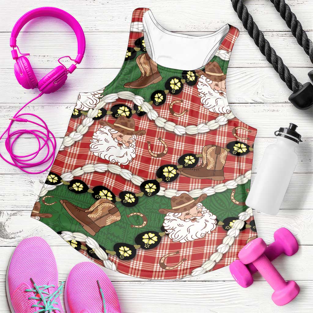 Cowboy Hawaii Mele Kalikimaka Women Racerback Tank Paniolo Kukui Nut Pikake Lei Red Version - Polynesian Pride