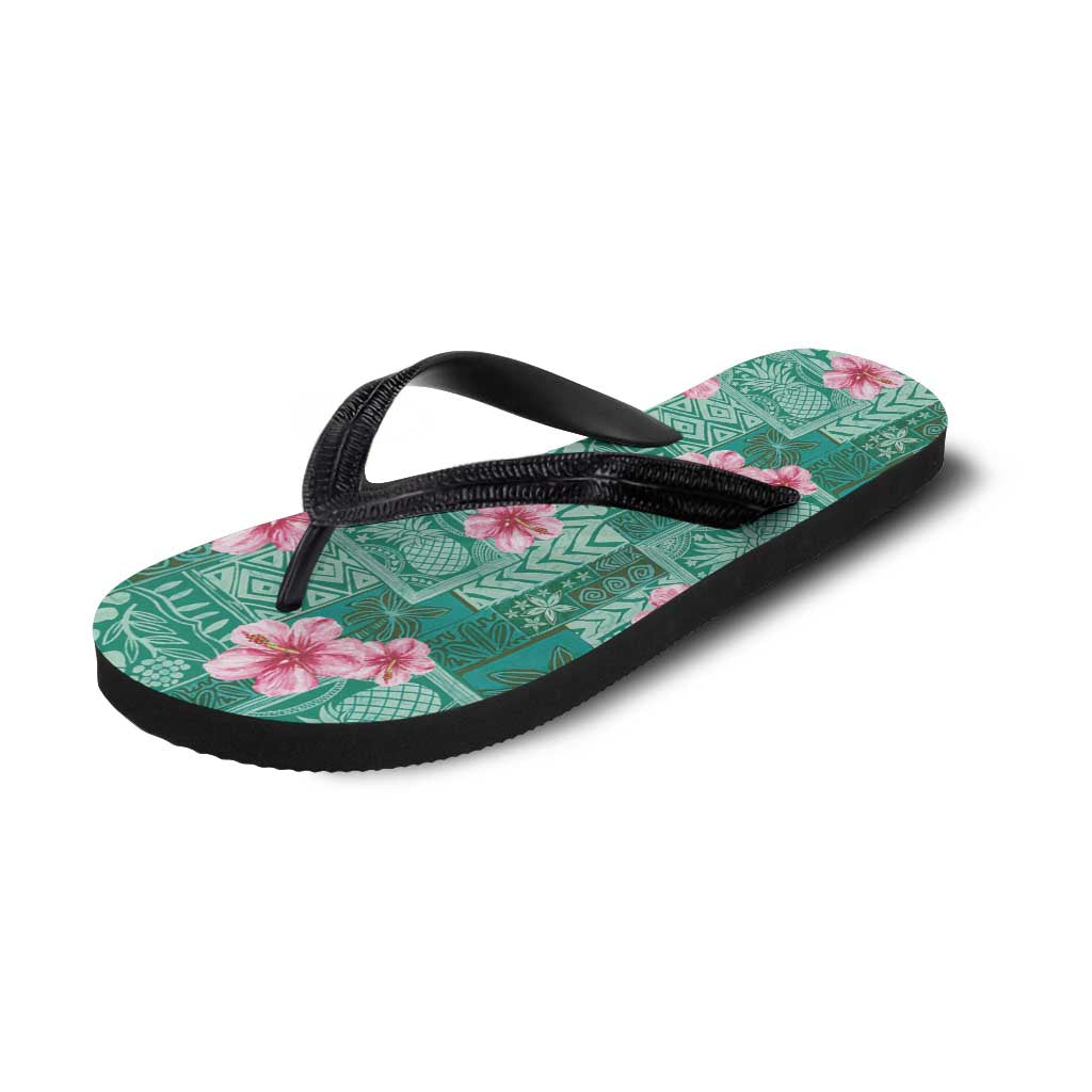 Cyan Hawaii Hibiscus Tropical Flowers Motifs Flip Flops - Polynesian Pride