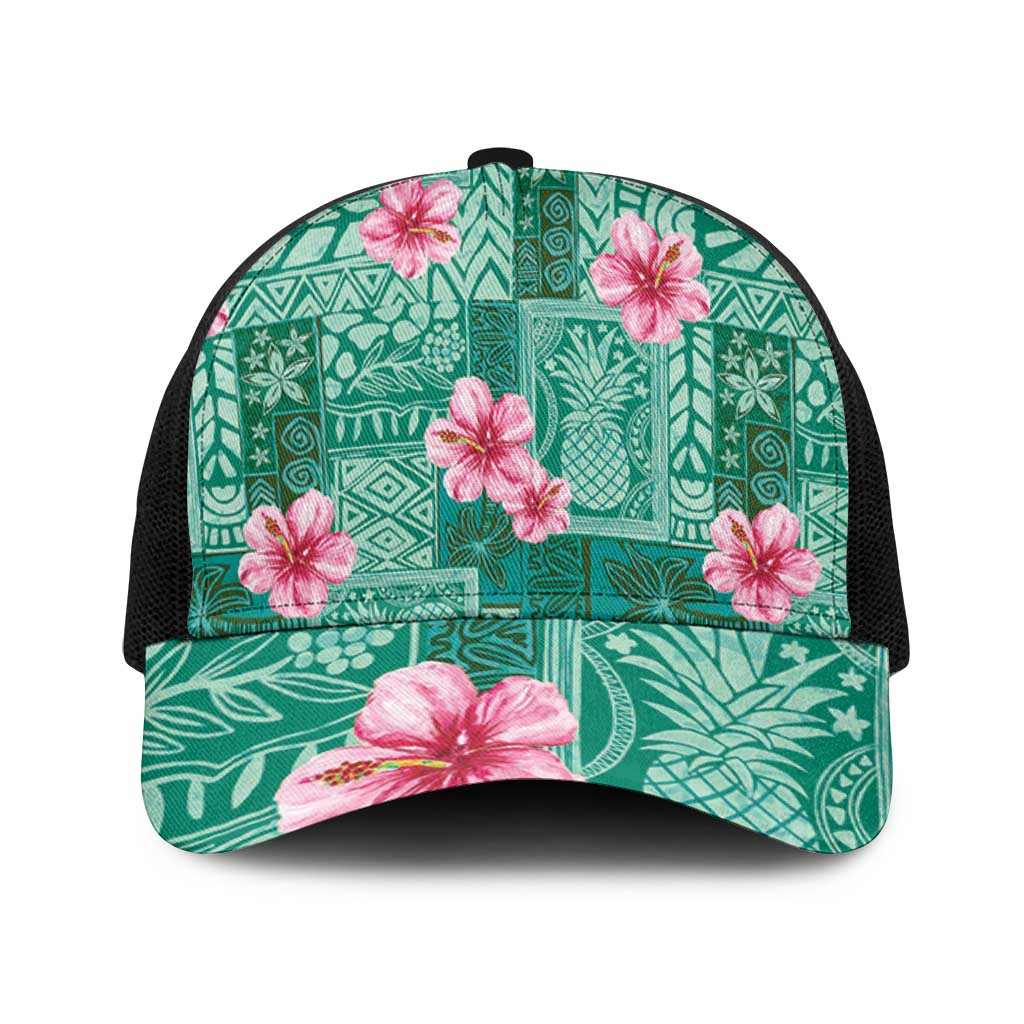 Cyan Hawaii Hibiscus With Tropical Flowers Motifs Baseball Net Cap - Polynesian Pride