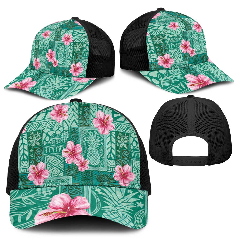 Cyan Hawaii Hibiscus With Tropical Flowers Motifs Baseball Net Cap - Polynesian Pride