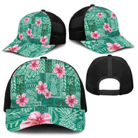 Cyan Hawaii Hibiscus With Tropical Flowers Motifs Baseball Net Cap - Polynesian Pride