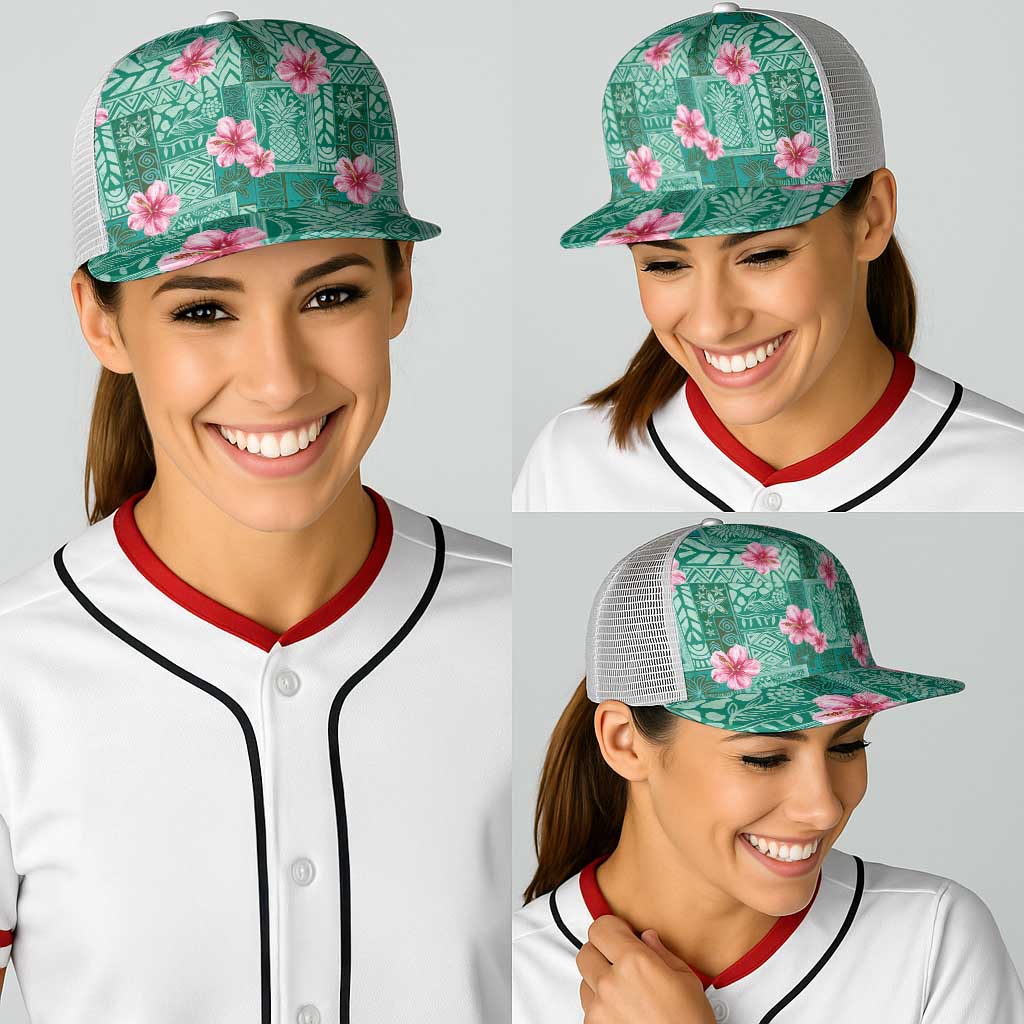 Cyan Hawaii Hibiscus With Tropical Flowers Motifs Baseball Net Cap - Polynesian Pride