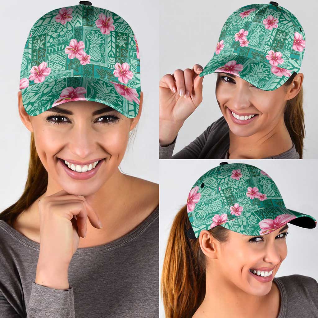 Cyan Hawaii Hibiscus With Tropical Flowers Motifs Classic Cap - Polynesian Pride