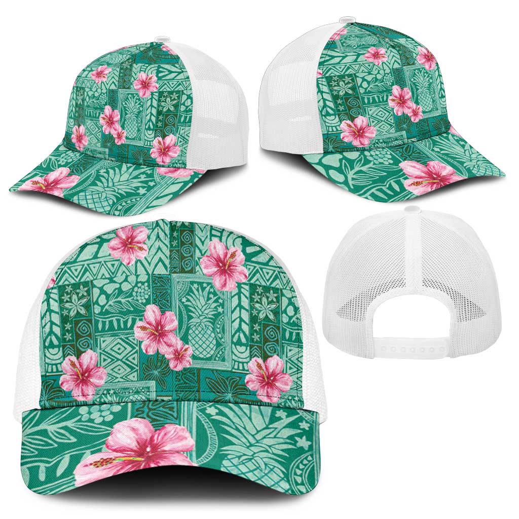 Cyan Hawaii Hibiscus With Tropical Flowers Motifs Mesh Trucker Cap - Polynesian Pride