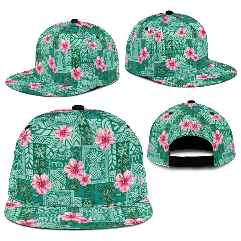 Cyan Hawaii Hibiscus With Tropical Flowers Motifs Snapback Cap - Polynesian Pride
