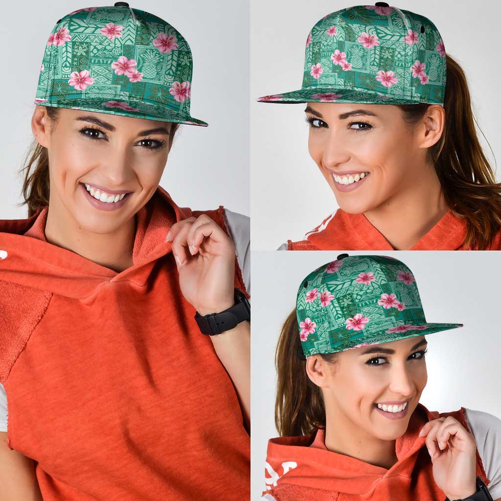 Cyan Hawaii Hibiscus With Tropical Flowers Motifs Snapback Cap - Polynesian Pride