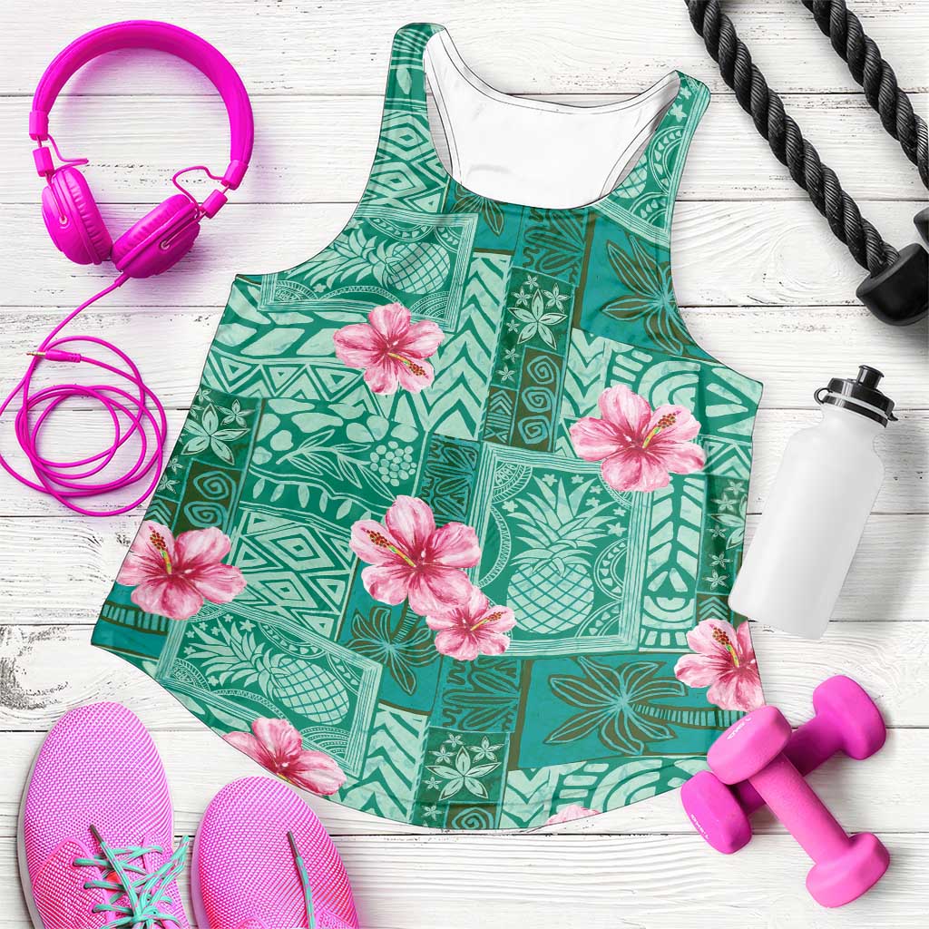 Cyan Hawaii Hibiscus With Tropical Flowers Motifs Women Racerback Tank - Polynesian Pride