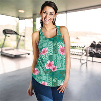 Cyan Hawaii Hibiscus With Tropical Flowers Motifs Women Racerback Tank - Polynesian Pride