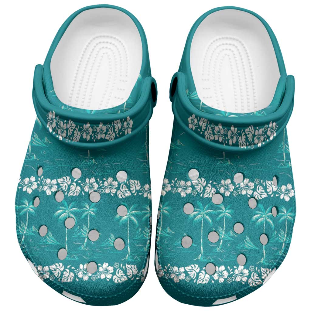 Cyan Hawaii Palm Tree Hibiscus Clogs Shoes Fantasy Summer Vibe LT01 Cyan - Polynesian Pride