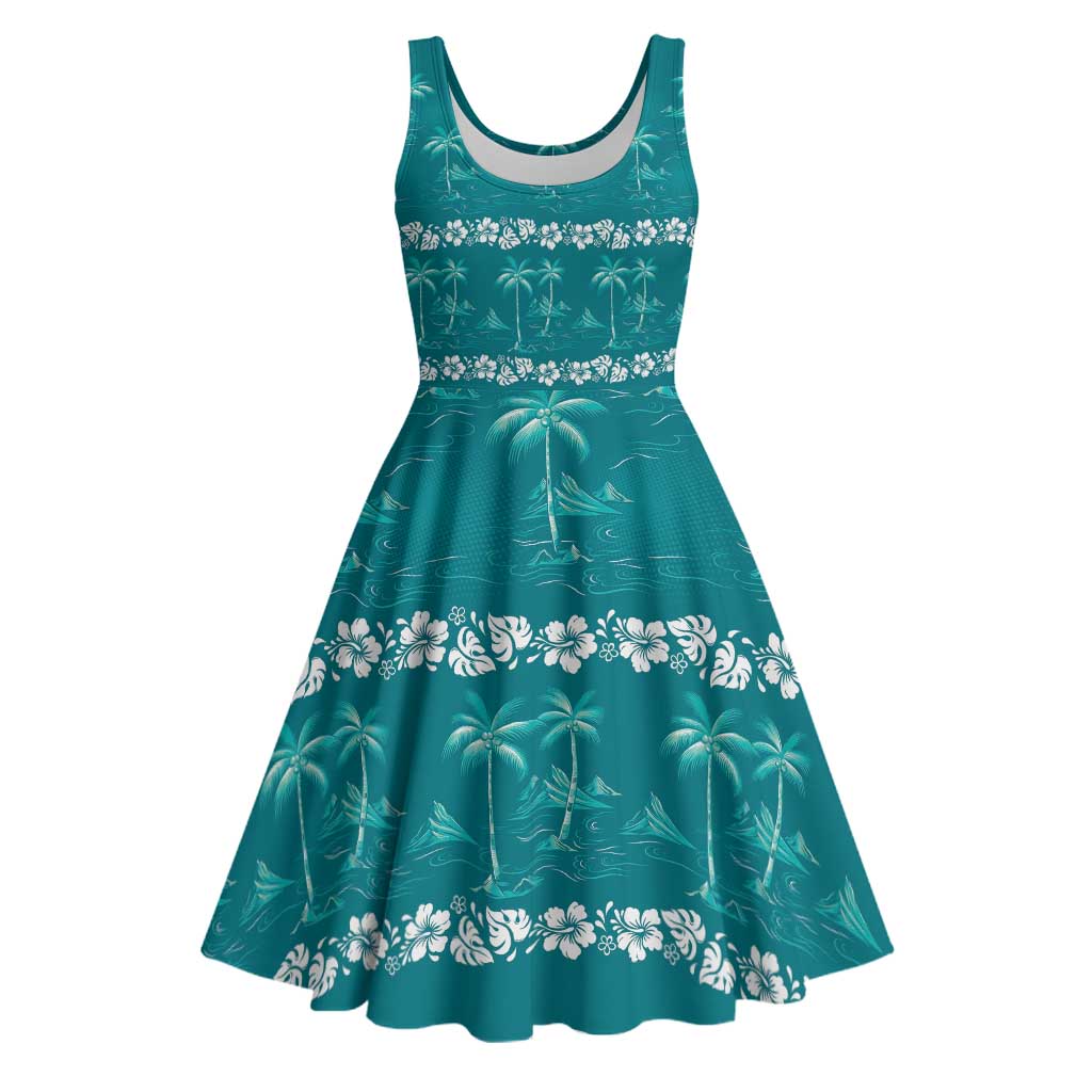 Cyan Hawaii Palm Tree Hibiscus Midi Dress Fantasy Summer Vibe LT01 Cyan - Polynesian Pride