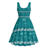 Cyan Hawaii Palm Tree Hibiscus Midi Dress Fantasy Summer Vibe LT01 - Polynesian Pride
