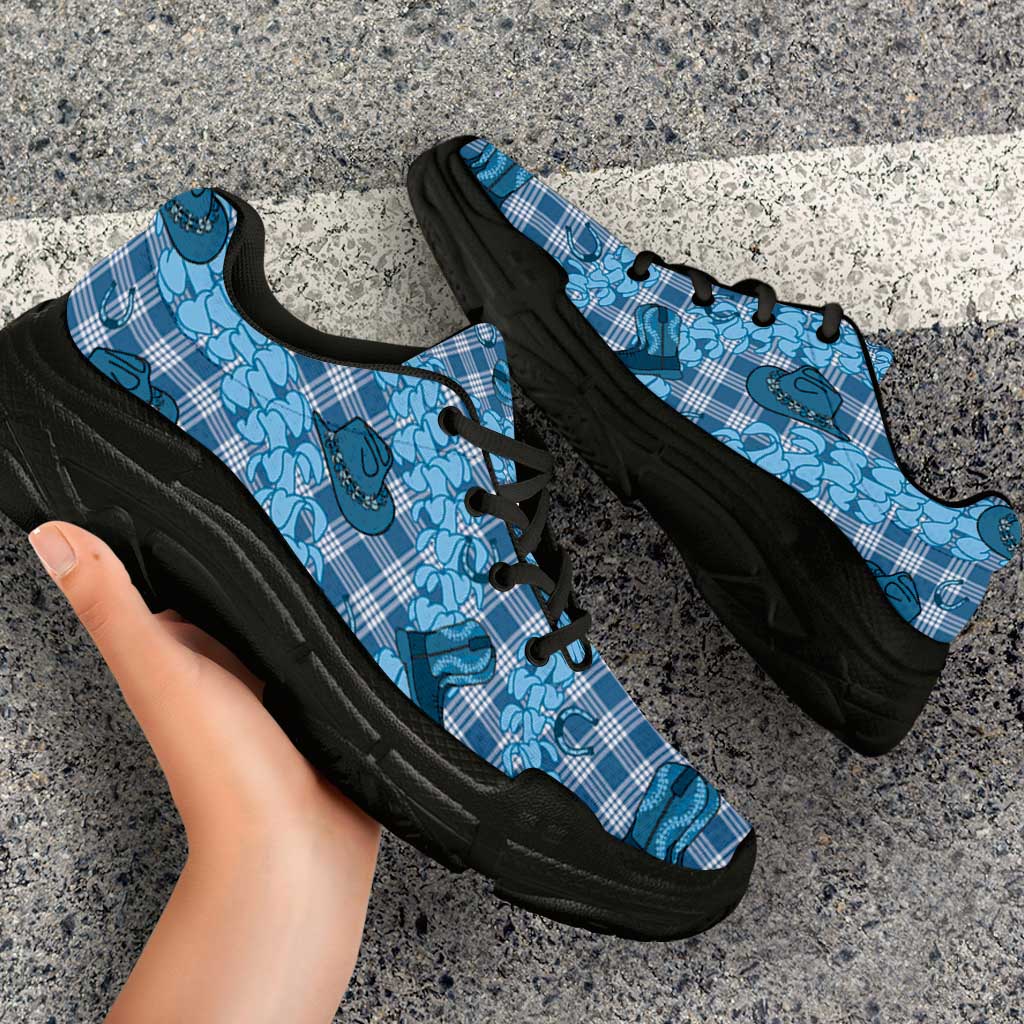 Cyan Palaka Hawaii Cowboy Chunky Sneakers Puakenikeni Lei Paniolo Papale Seamless Vibes - Polynesian Pride
