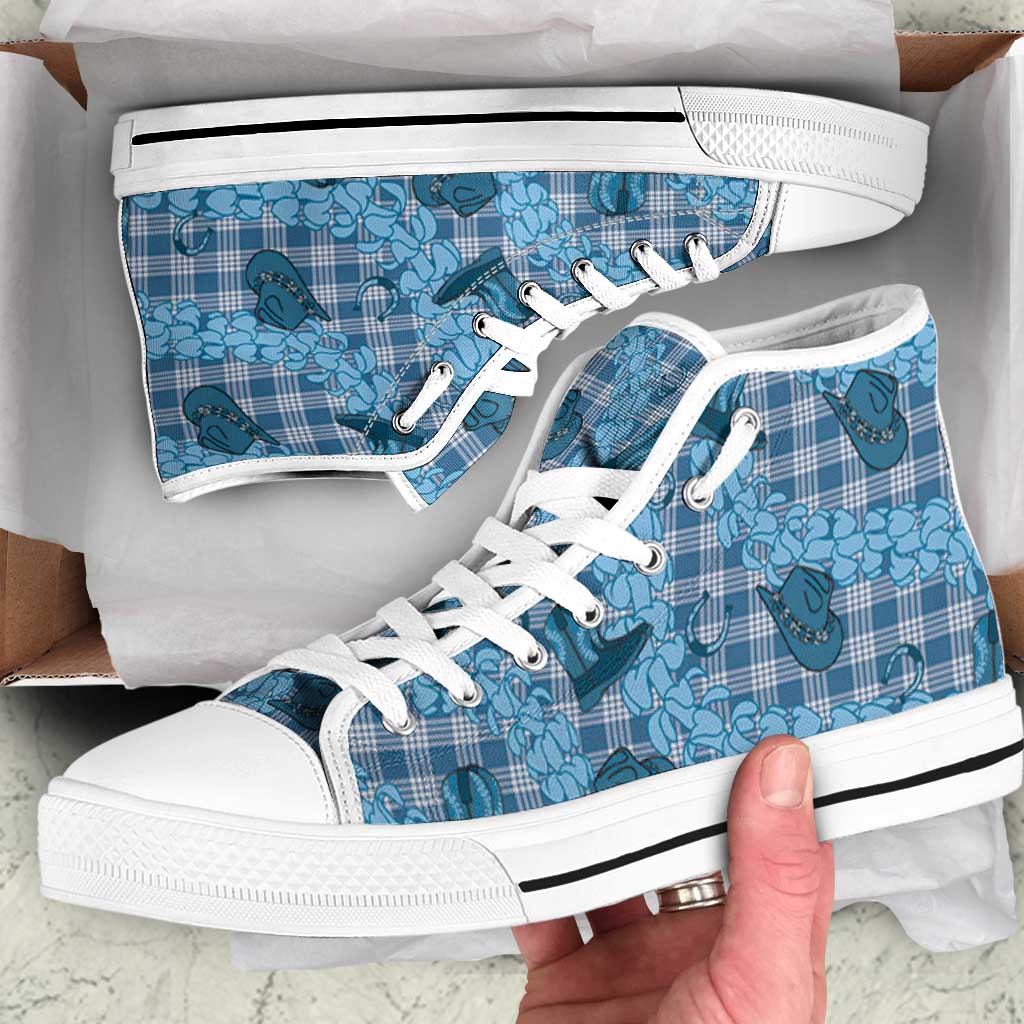 Cyan Palaka Hawaii Cowboy High Top Shoes Puakenikeni Lei Paniolo Papale Seamless Vibes - Polynesian Pride