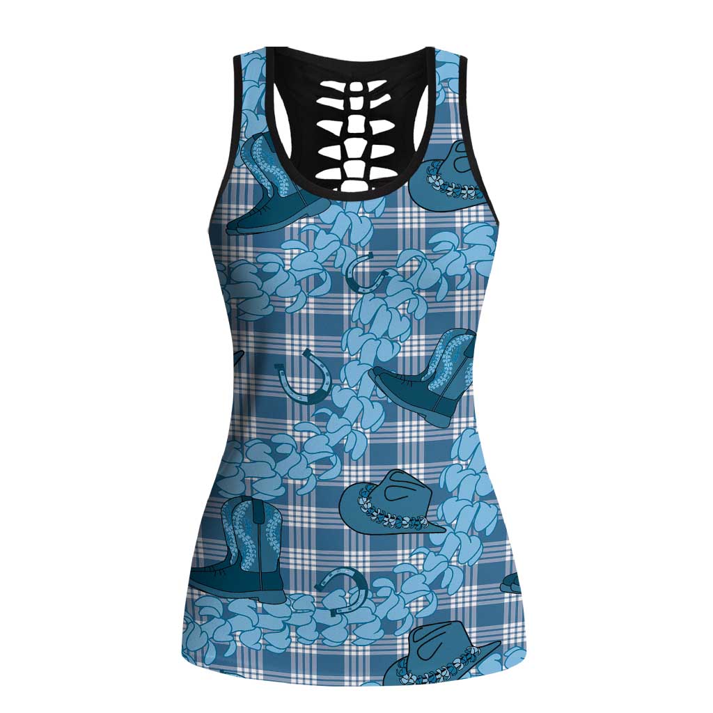 Cyan Palaka Hawaii Cowboy Hollow Tank Top Puakenikeni Lei Paniolo Papale Seamless Vibes - Polynesian Pride