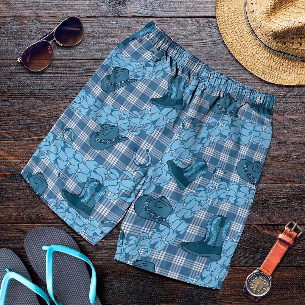 Cyan Palaka Hawaii Cowboy Shorts for Men Puakenikeni Lei Paniolo Papale Seamless Vibes - Polynesian Pride
